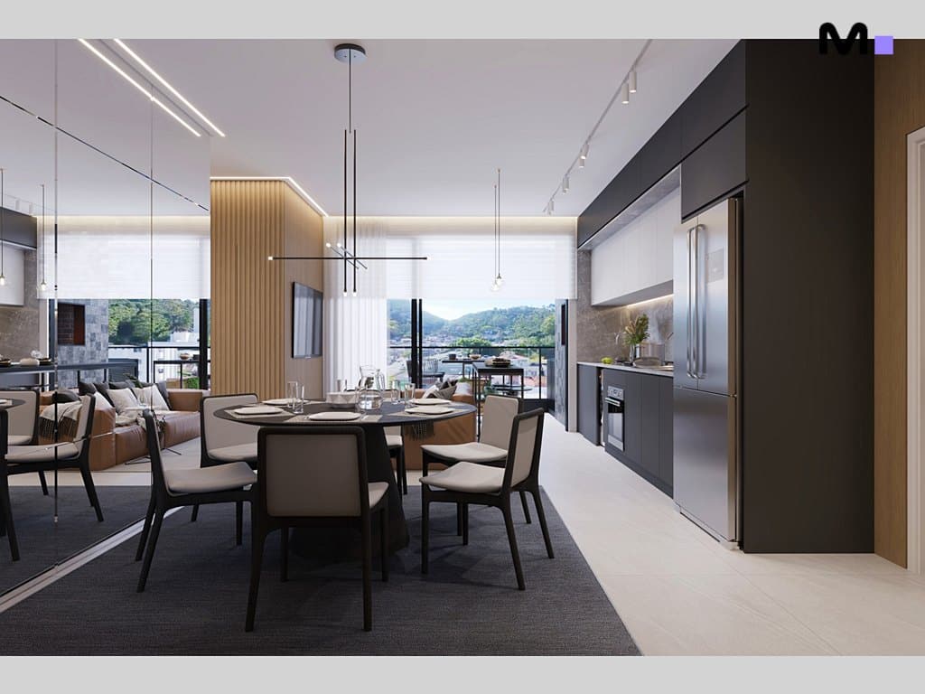 Sala de jantar moderna com cozinha integrada em Metropolitan Modern Residences.