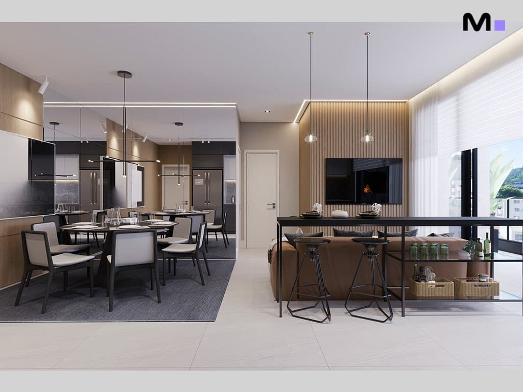 Cozinha e sala de estar moderna em residência metropolitana.