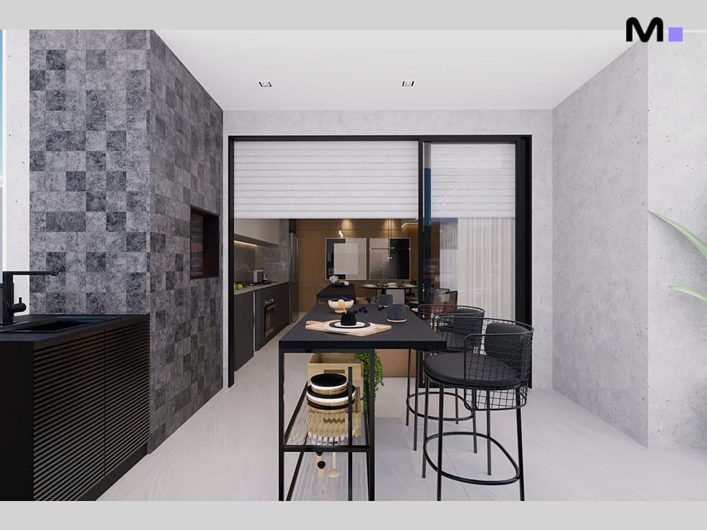 Cozinha moderna com ilha preta e cadeiras altas. Residências Metropolitanas Modernas.