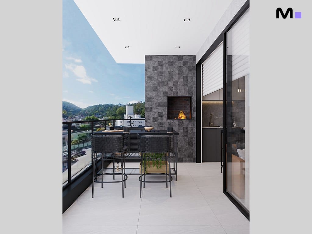 Varanda moderna com churrasqueira e vista da cidade. Residências Metropolitan Modern.