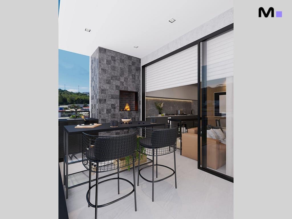 Varanda moderna com lareira e cadeiras altas pretas.