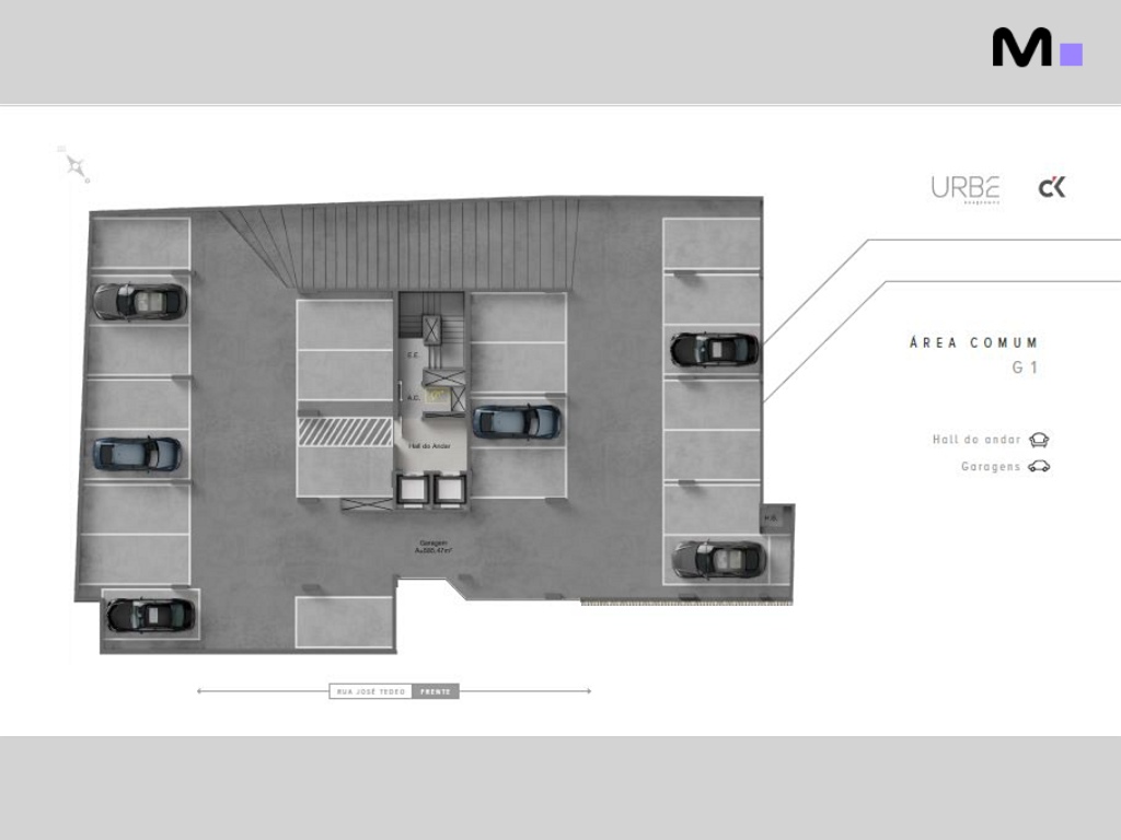 Planta baixa de garagem do Urbe Residence, mostrando vagas e hall do andar.