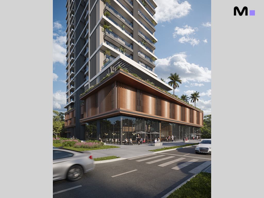 Habitat Praia Brava: Fachada moderna de edifício residencial com área comercial envidraçada.