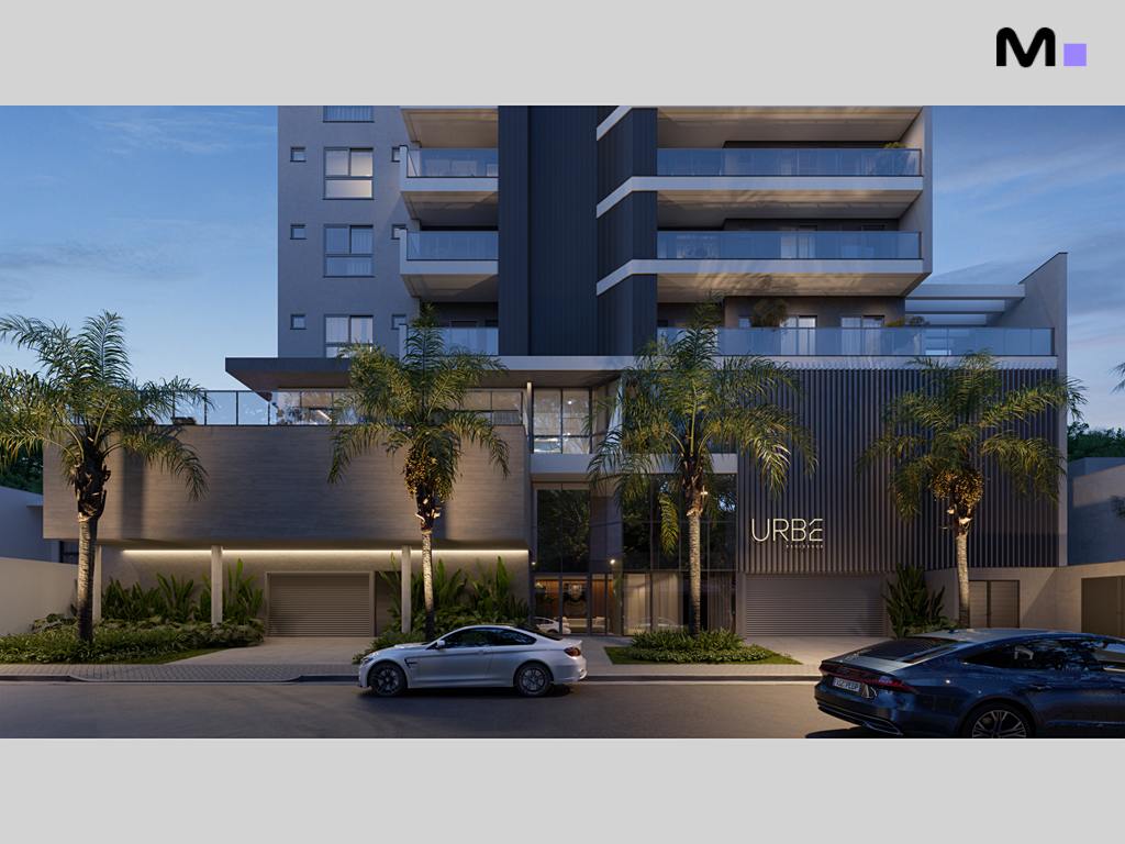 Fachada moderna do Urbe Residence com carros estacionados e palmeiras.