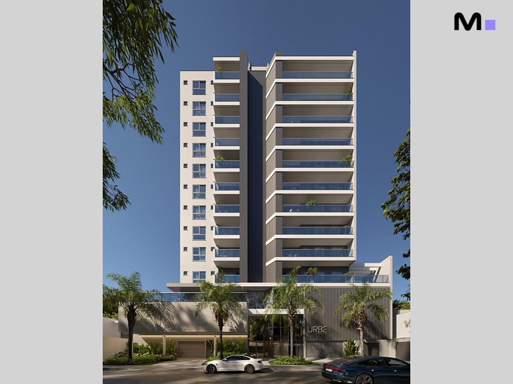 Edifício Urbe Residence com varandas e paisagismo exuberante. Fachada moderna e carros estacionados.