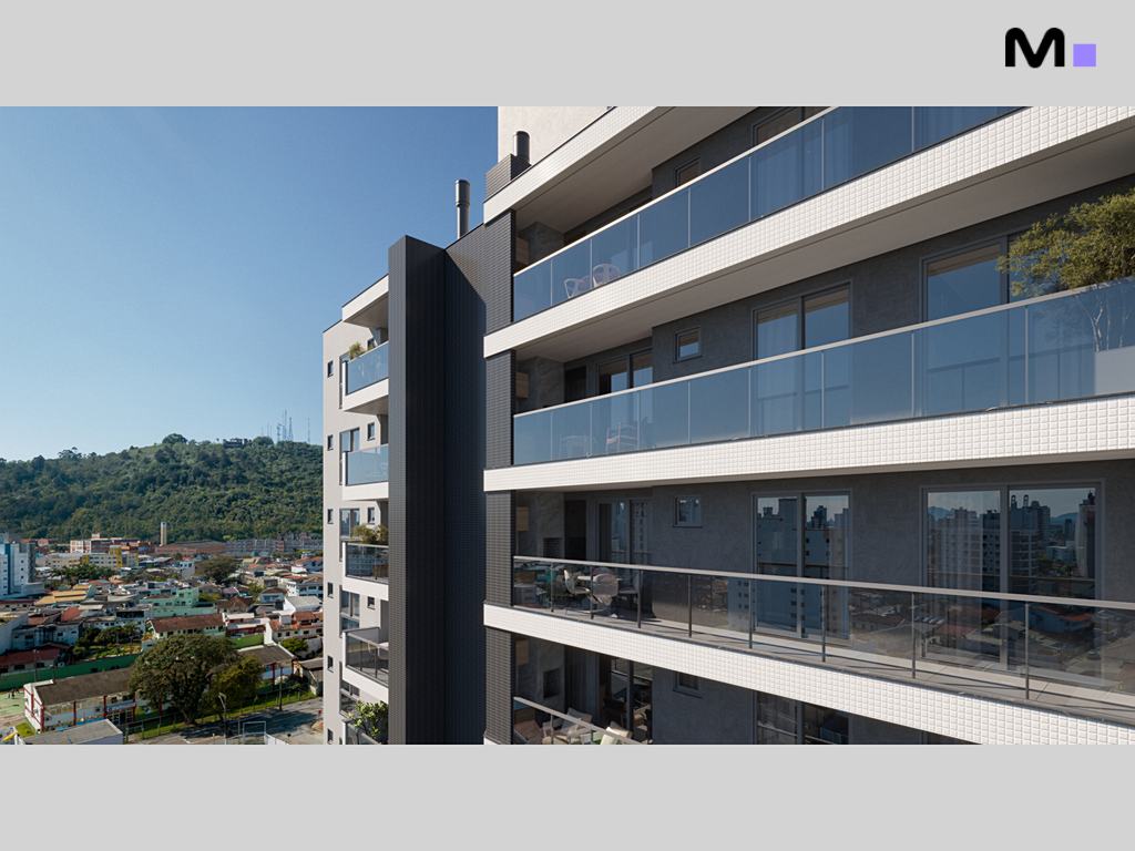Fachada moderna do Urbe Residence com varandas envidraçadas e vista da cidade.