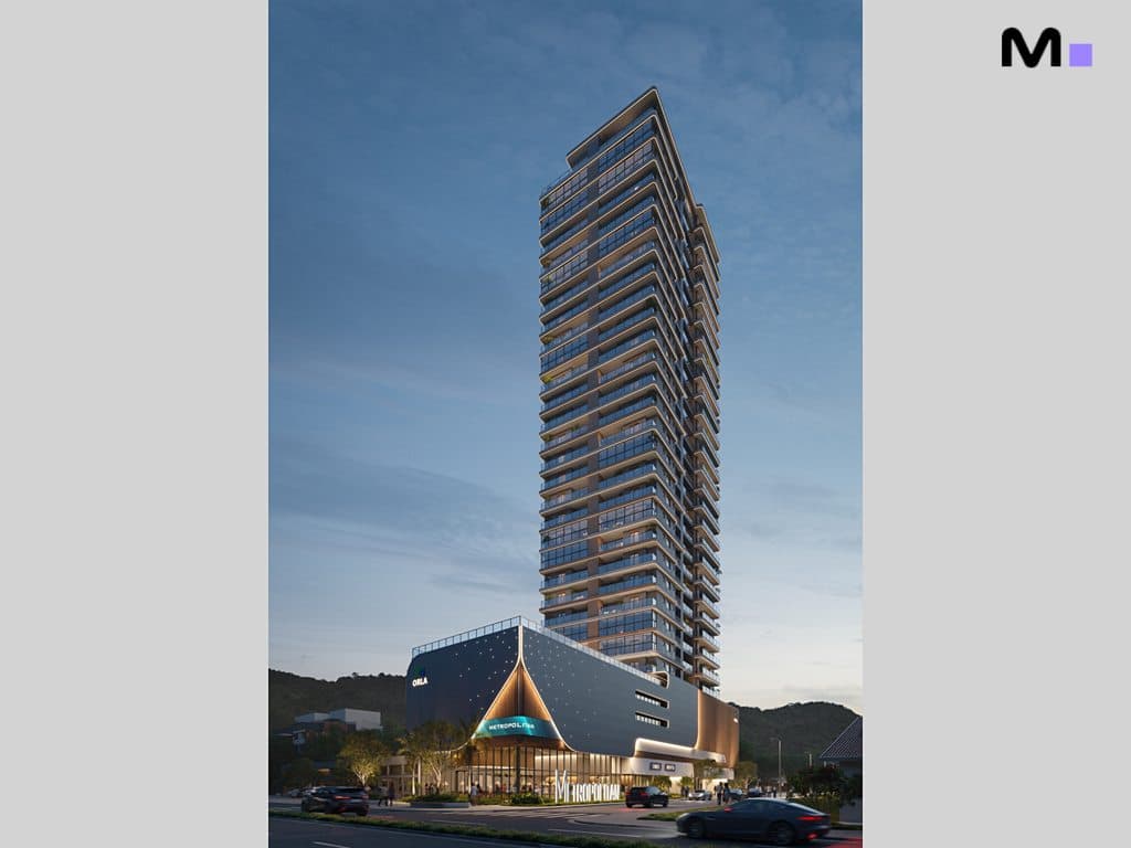 Residências Metropolitan Modern: Vista do arranha-céu moderno com design elegante.