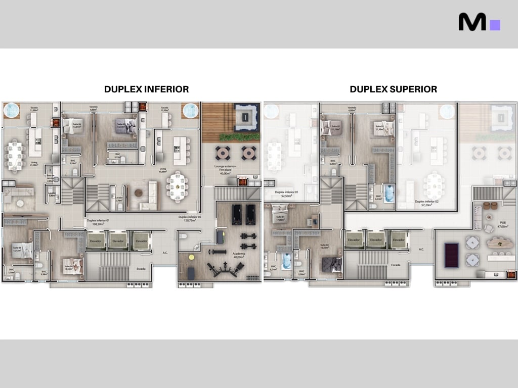Planta baixa duplex ABC Business Park: níveis inferior e superior. Design de interiores detalhado.