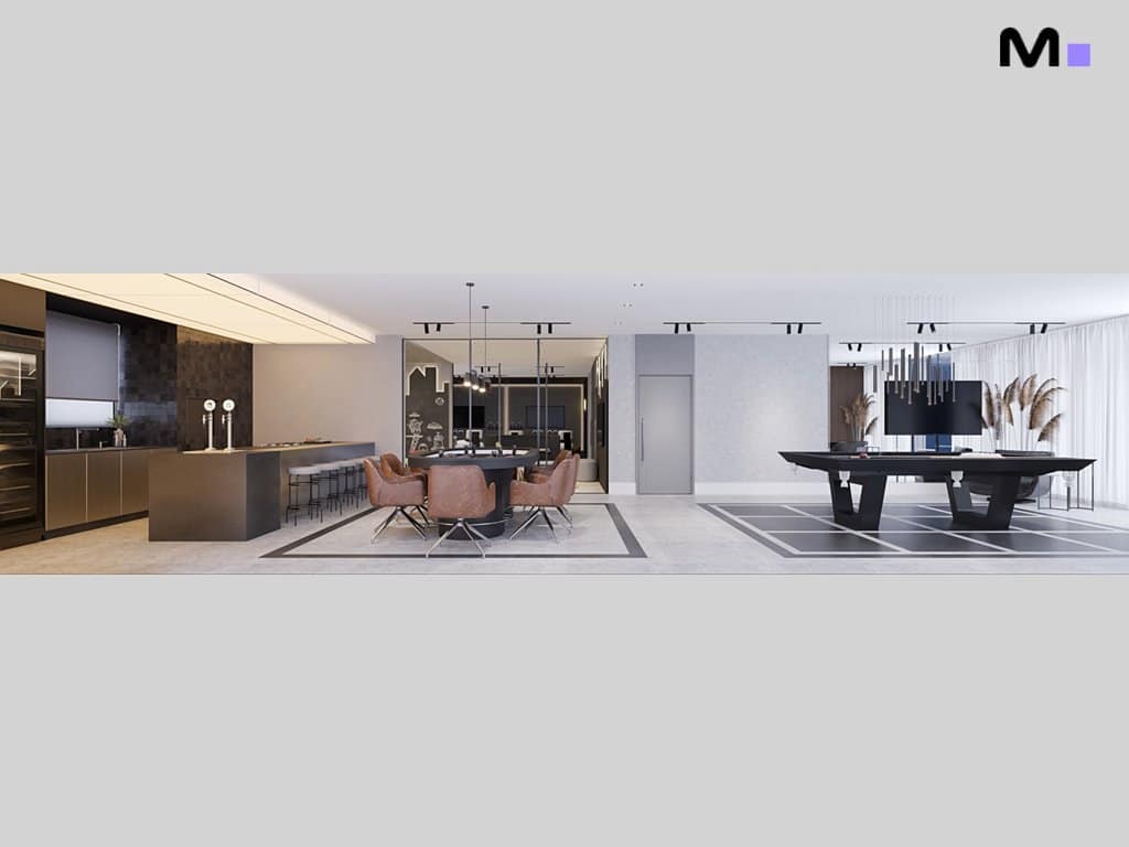 Interior moderno de residência metropolitana com bar, mesa de jantar e mesa de bilhar.
