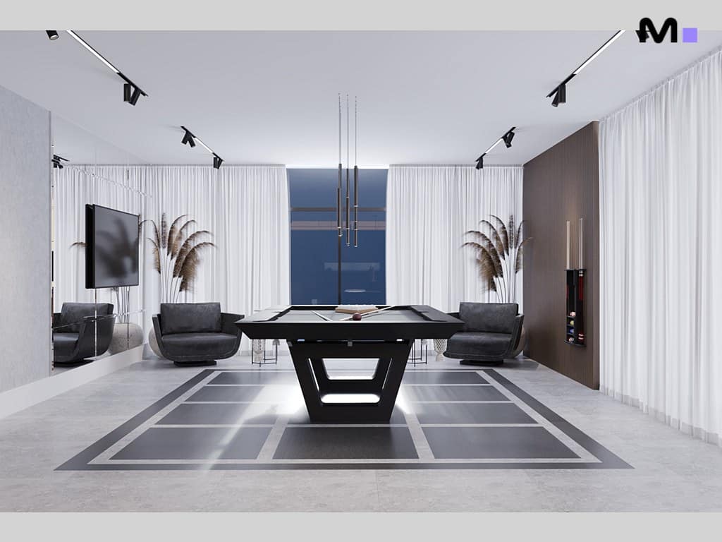 Sala moderna com mesa de bilhar preta e design metropolitano.
