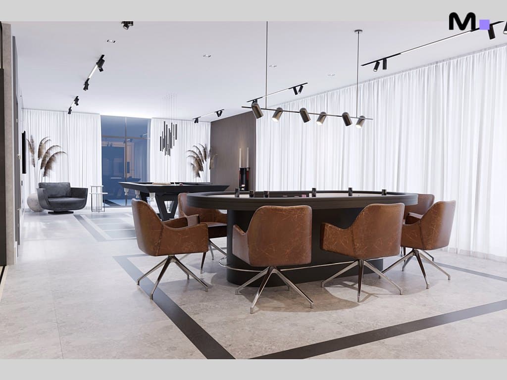 Interior moderno com mesa de carteado redonda e cadeiras de couro. Design de residência metropolitana.