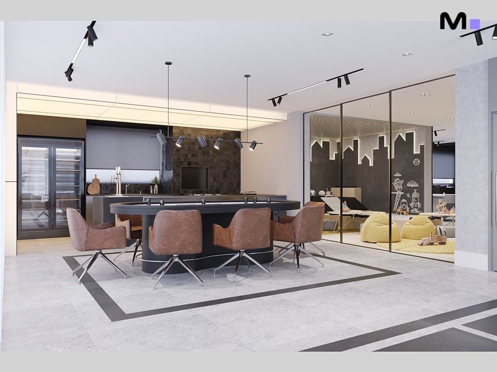 Design moderno de residência metropolitana com sala de jantar e área infantil.