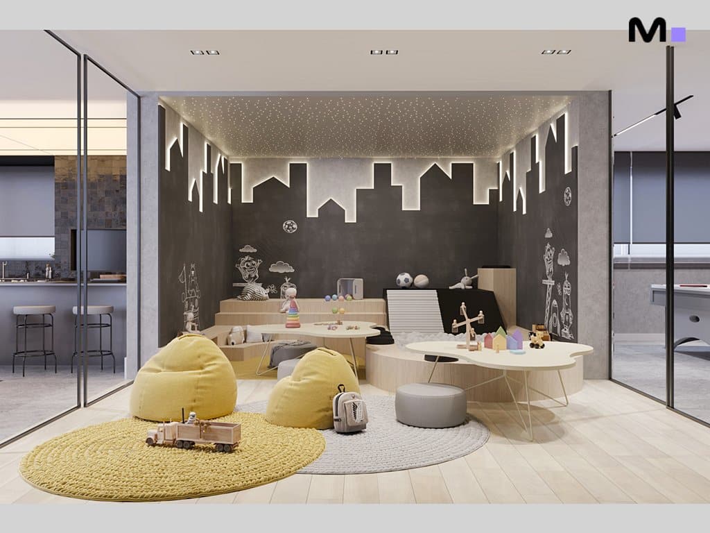Sala de jogos infantil moderna com pufes amarelos e decoração urbana em preto e branco. Residências Metropolitanas Modernas.