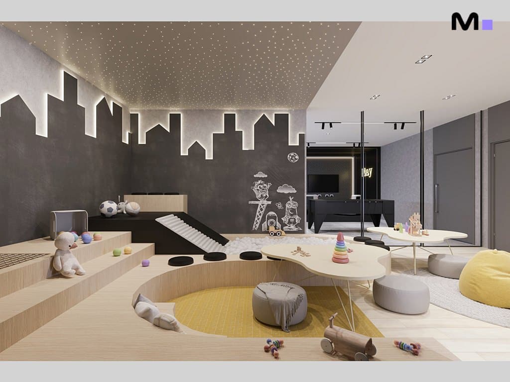 Sala de jogos moderna com design metropolitano, área de brincadeiras e iluminação suave.