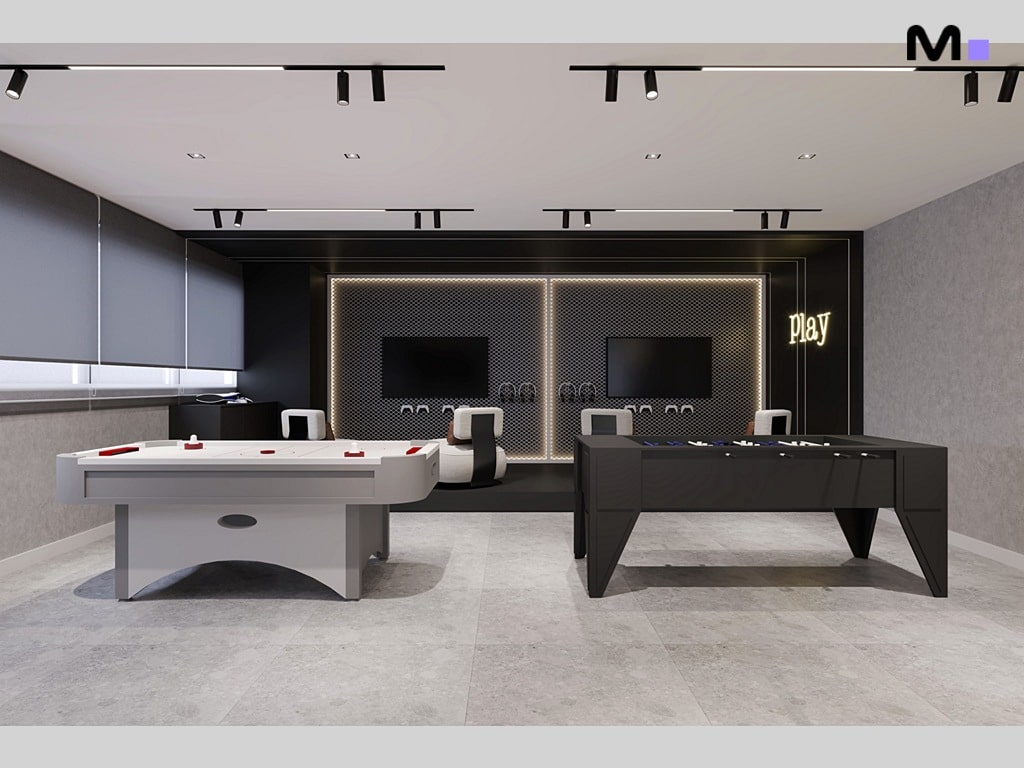 Sala de jogos moderna com mesa de air hockey e pebolim. Design elegante em Metropolitan Modern Residences.