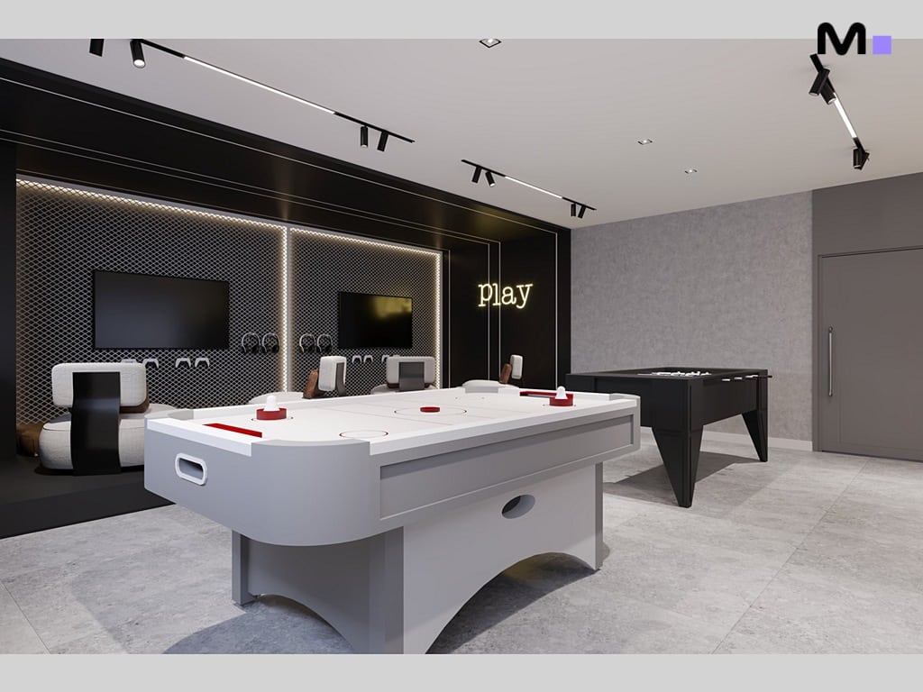 Sala de jogos moderna com mesa de air hockey e pebolim. "Play" em neon na parede.