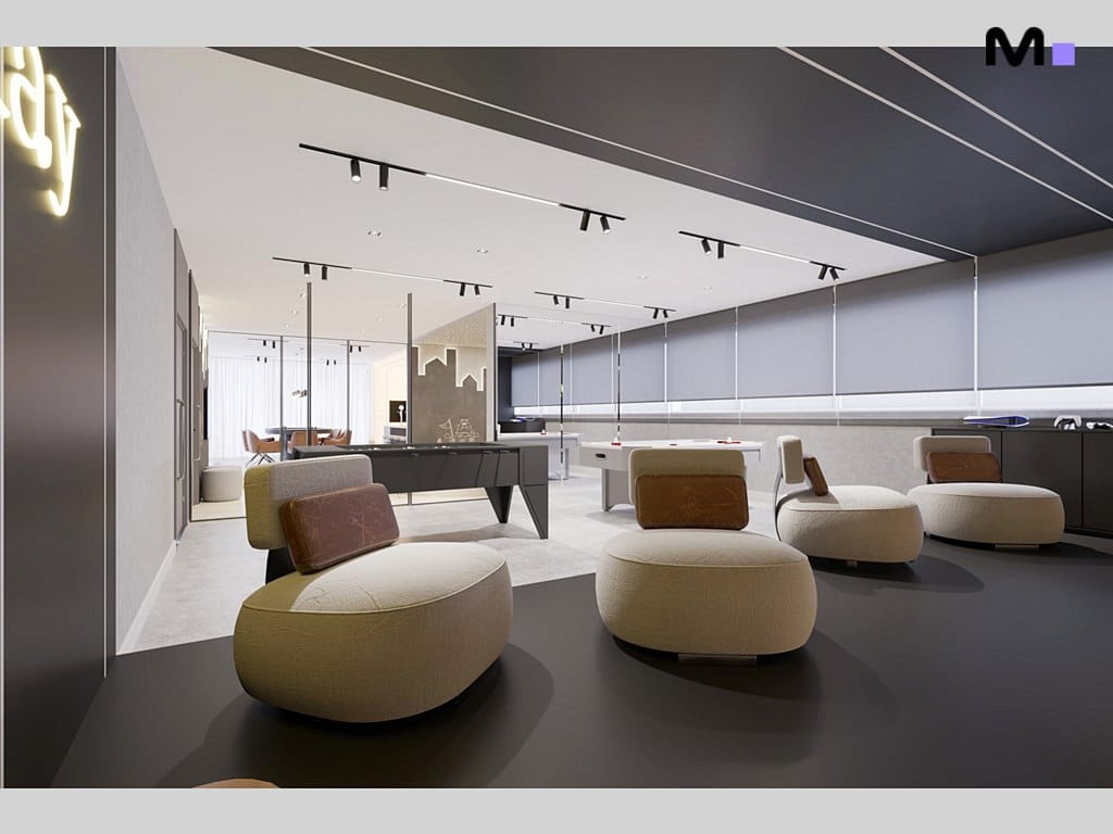 Sala moderna com cadeiras e mesa de jogos, parte das residências Metropolitan Modern.