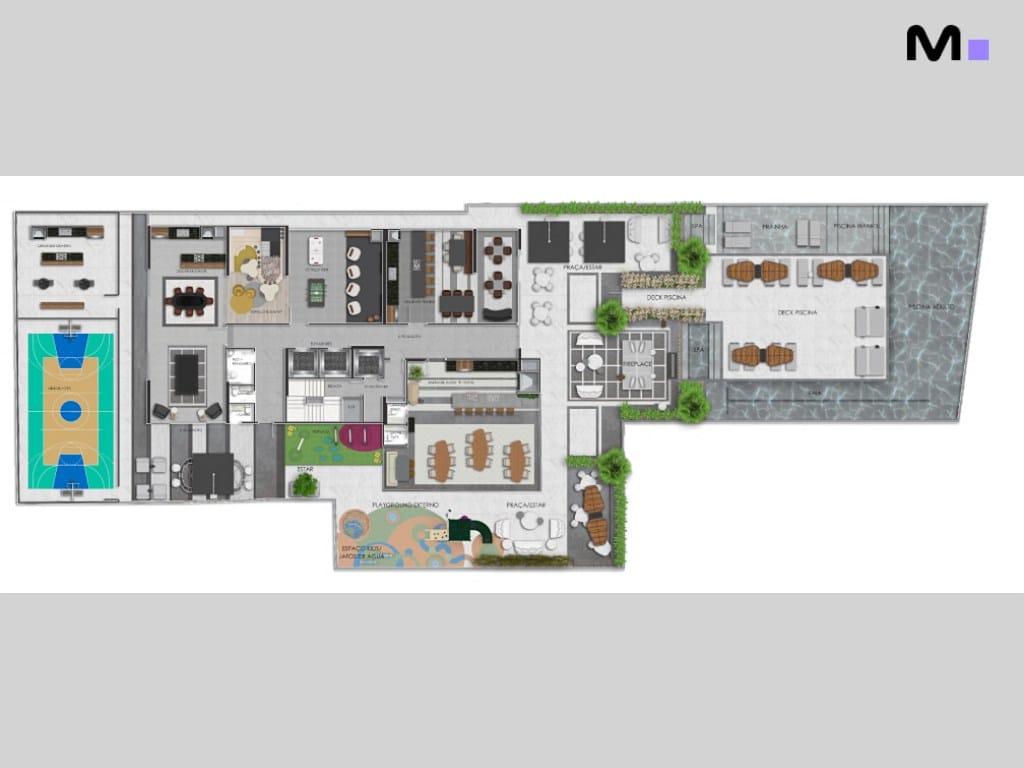 Planta baixa de residência moderna com piscina, quadra esportiva e áreas de lazer. Metropolitan Modern Residences.