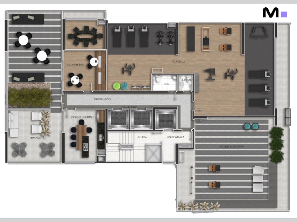 Planta baixa das áreas de lazer do Metropolitan Modern Residences: academia, coworking, espaço gourmet e terraço.