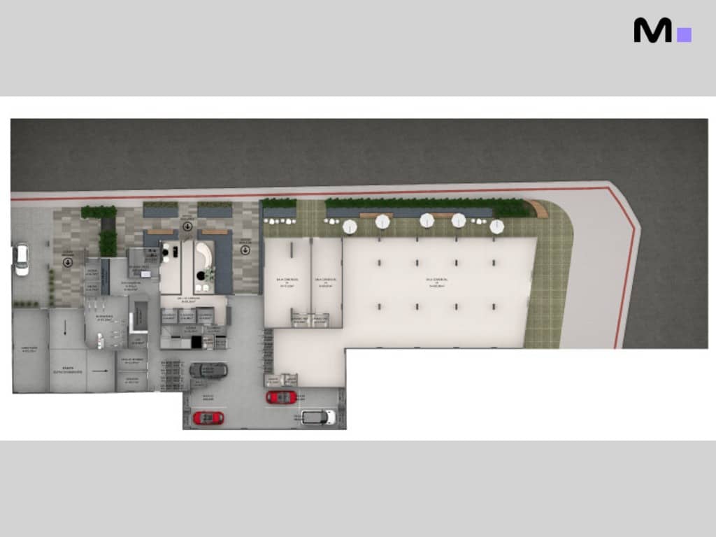 Planta baixa das residências Metropolitan Modern com estacionamento e áreas comuns.