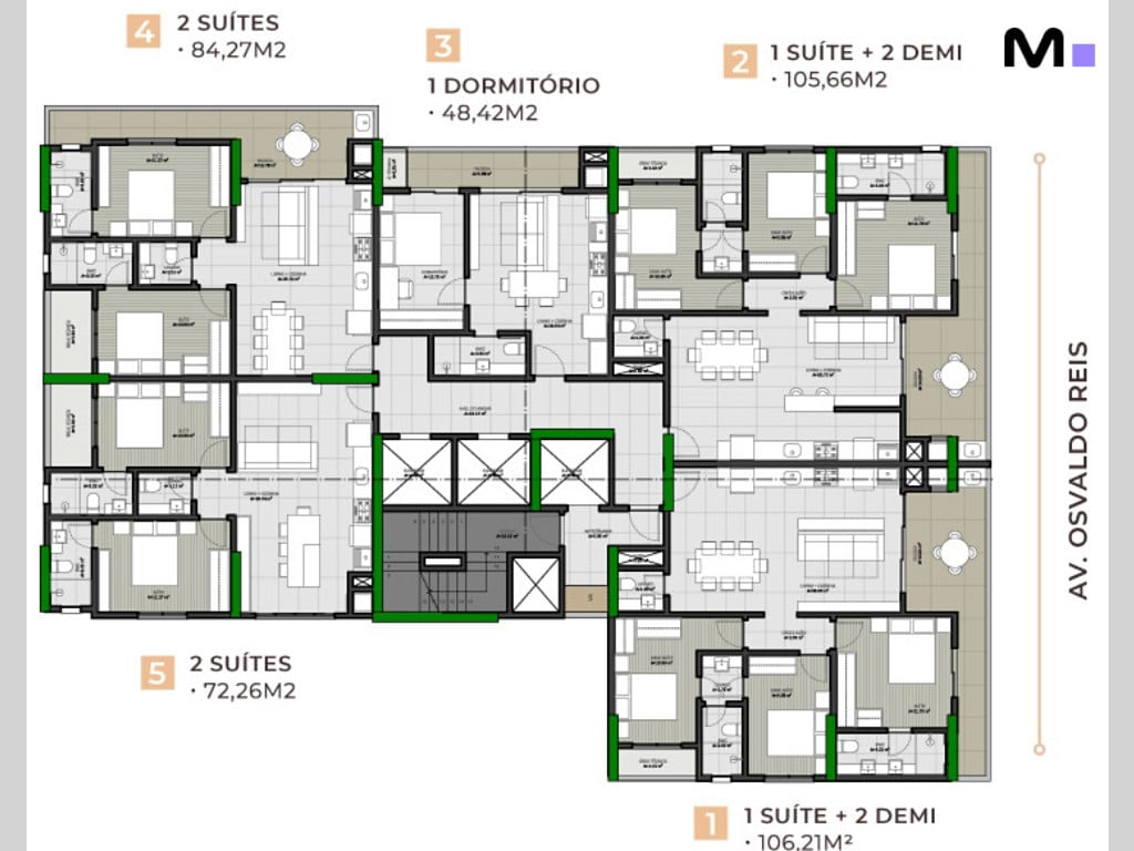 Planta baixa de apartamentos modernos no Metropolitan Modern Residences: 1, 2 e 4 suítes.