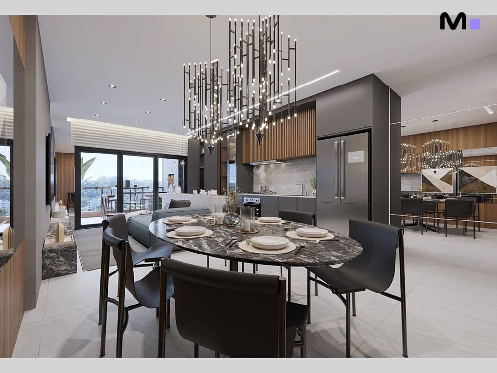 Sala de estar moderna com mesa de jantar oval e luminária elegante. Residências Metropolitanas Modernas.