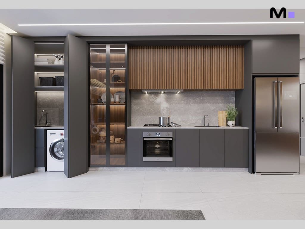 Cozinha moderna em tons de cinza com armários de madeira e eletrodomésticos de aço inoxidável.