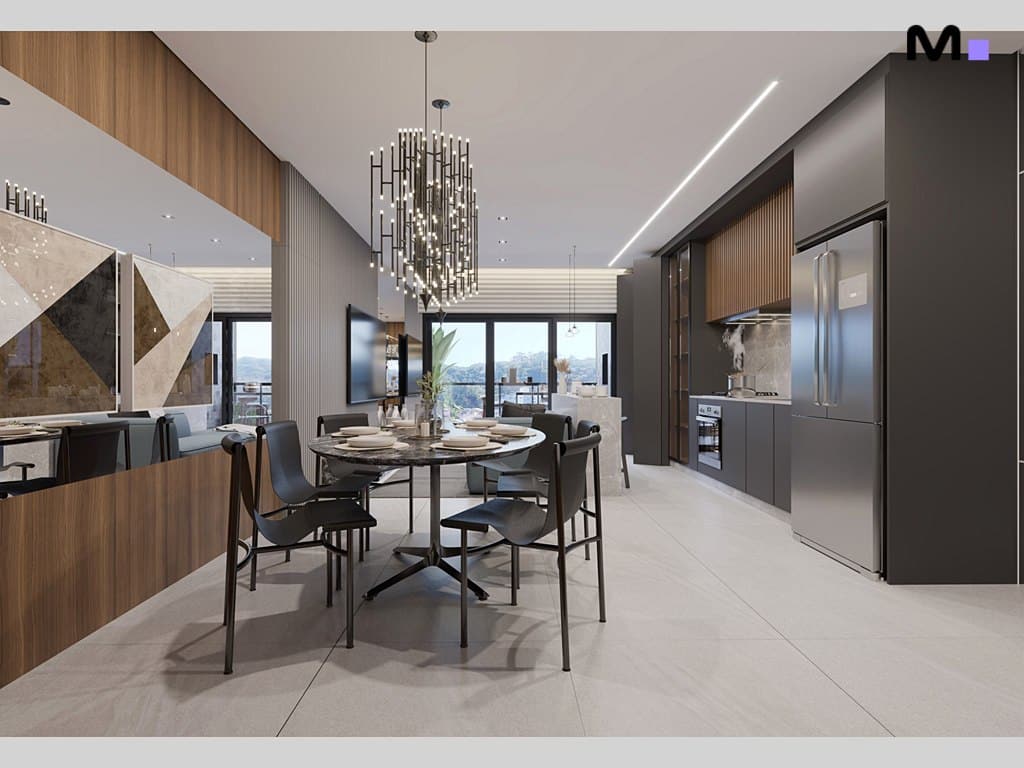 Sala de jantar moderna com lustre elegante e cozinha ao fundo, em Metropolitan Modern Residences.