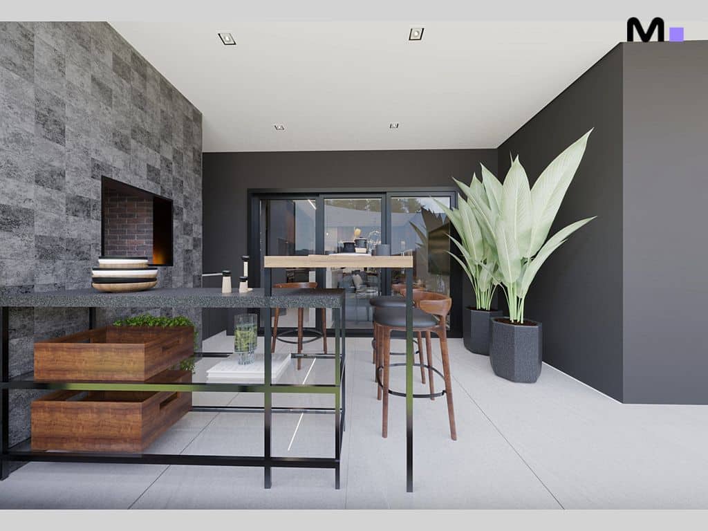 Interior moderno com balcão, cadeiras de bar e plantas grandes. Residências Metropolitanas Modernas.