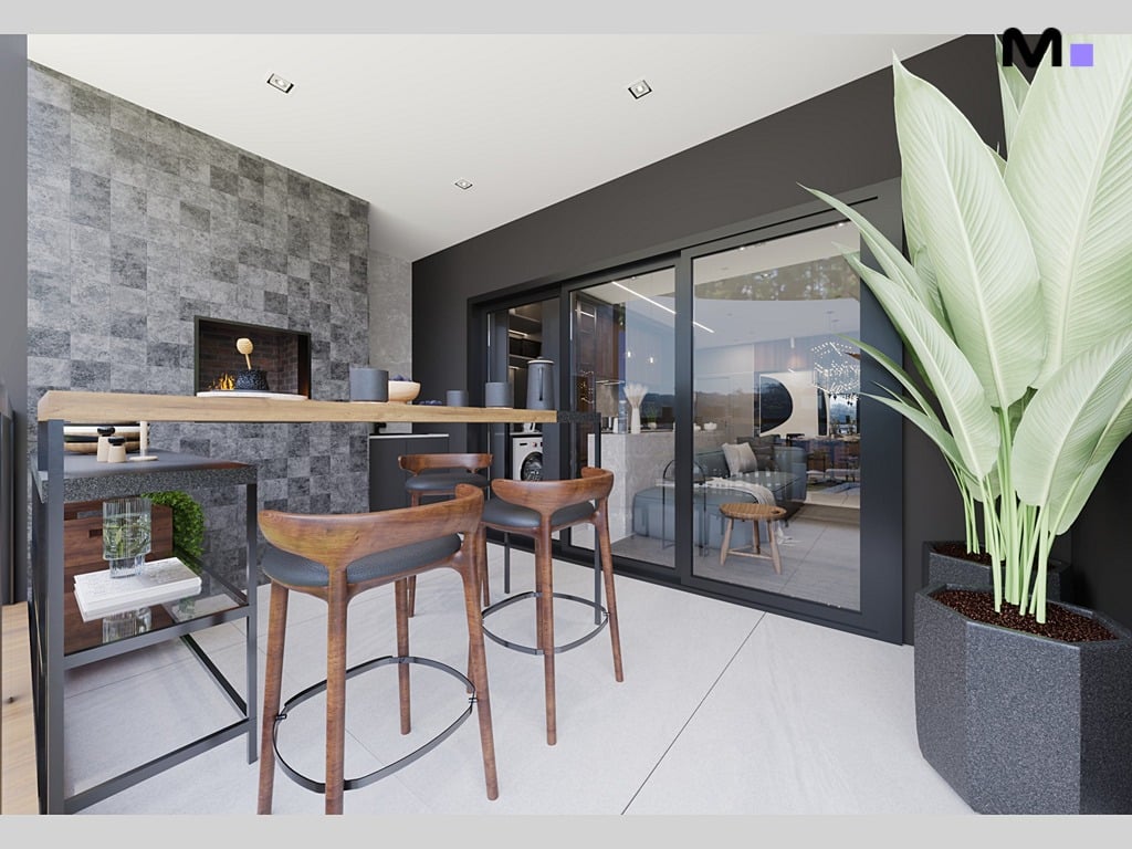 Residência moderna com balcão, cadeiras e vista para sala de estar. Design metropolitano.