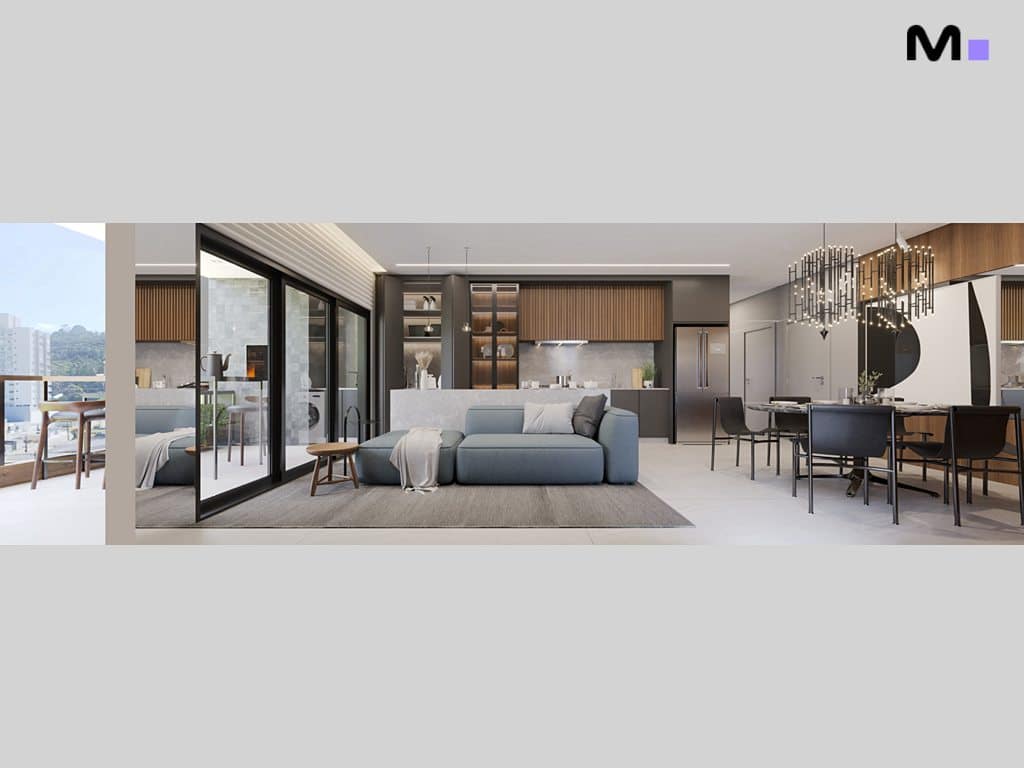 Sala moderna e iluminada em residências Metropolitan Modern. Sofá azul, cozinha integrada e decoração elegante.