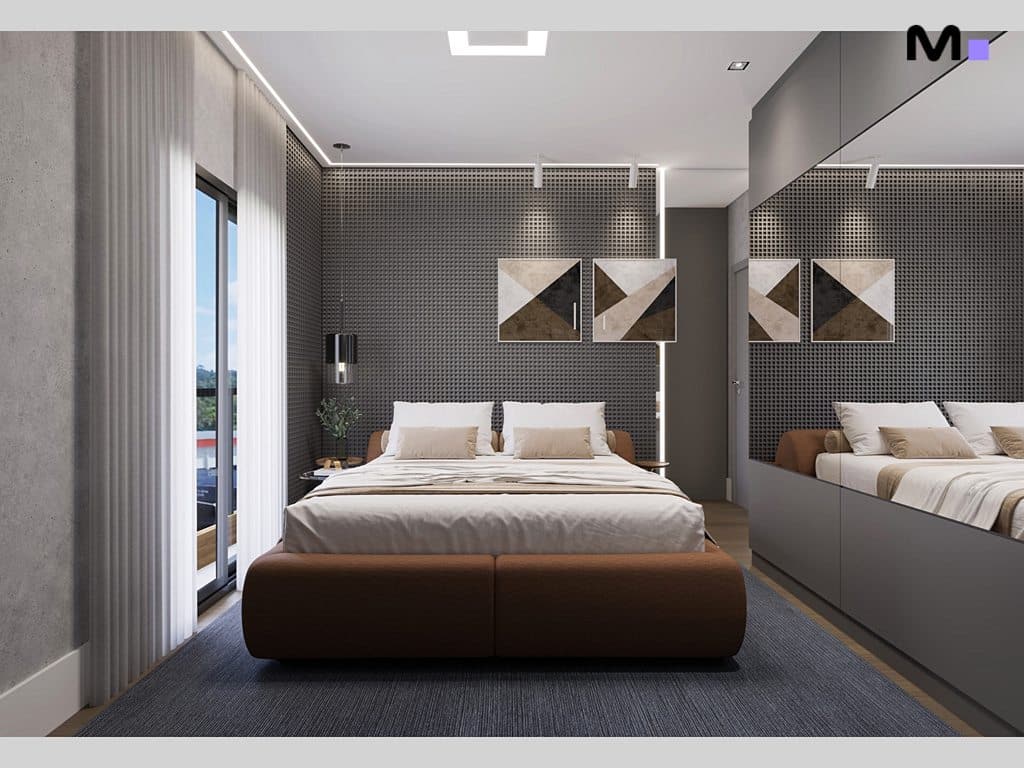 Quarto moderno com cama king-size, cabeceira marrom e decoração minimalista. Residências Metropolitanas Modernas.