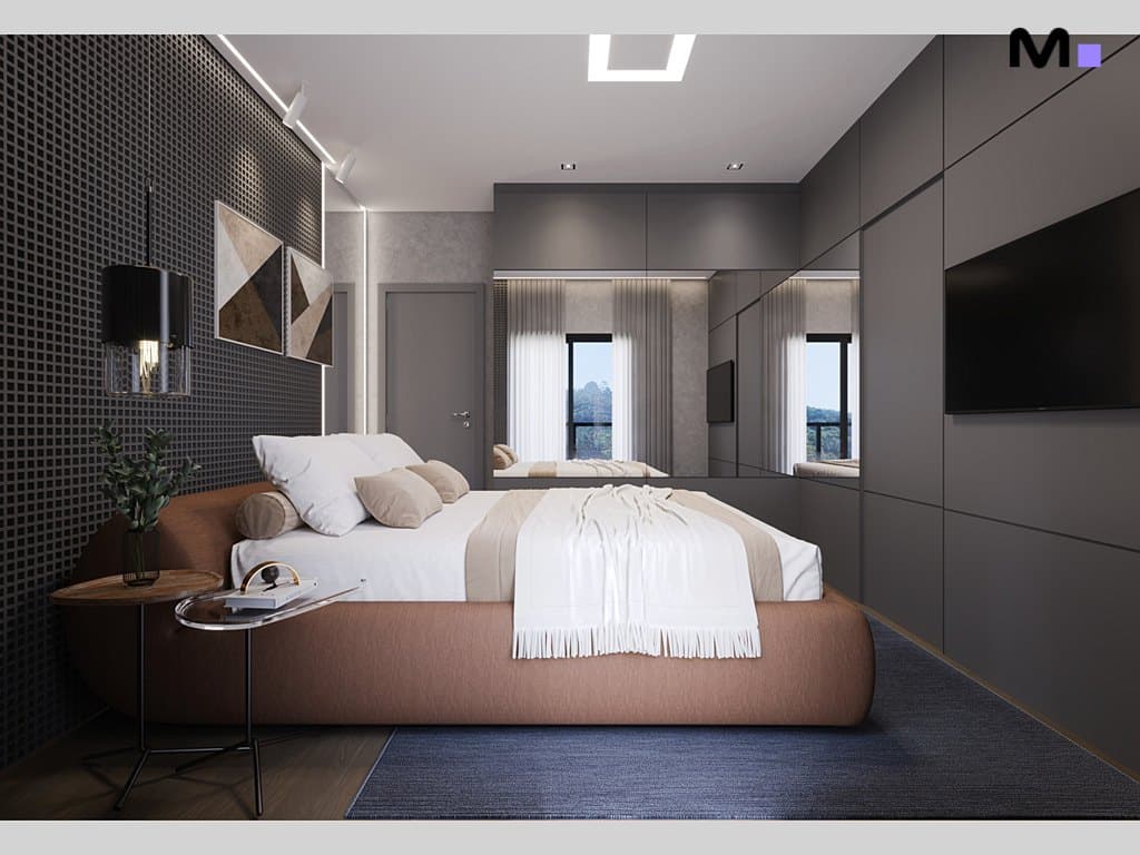 Quarto moderno com cama marrom, parede texturizada e TV. Residências Metropolitanas Modernas.