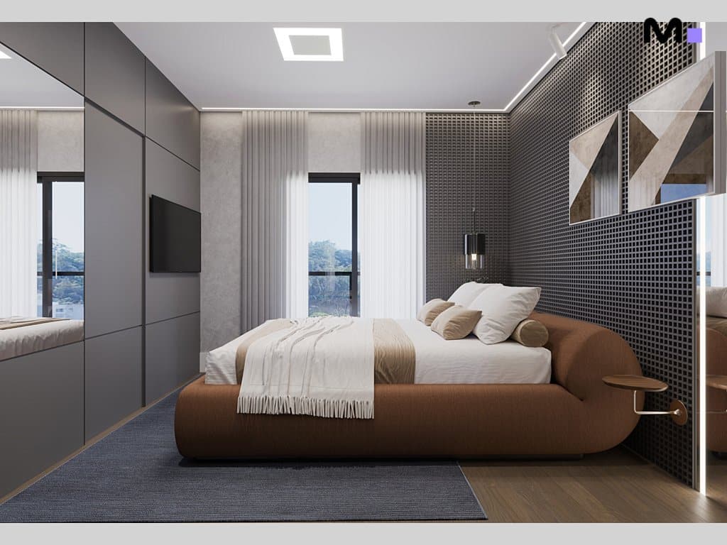 Quarto moderno com cama marrom e detalhes em cinza. Residências Metropolitan Modern.