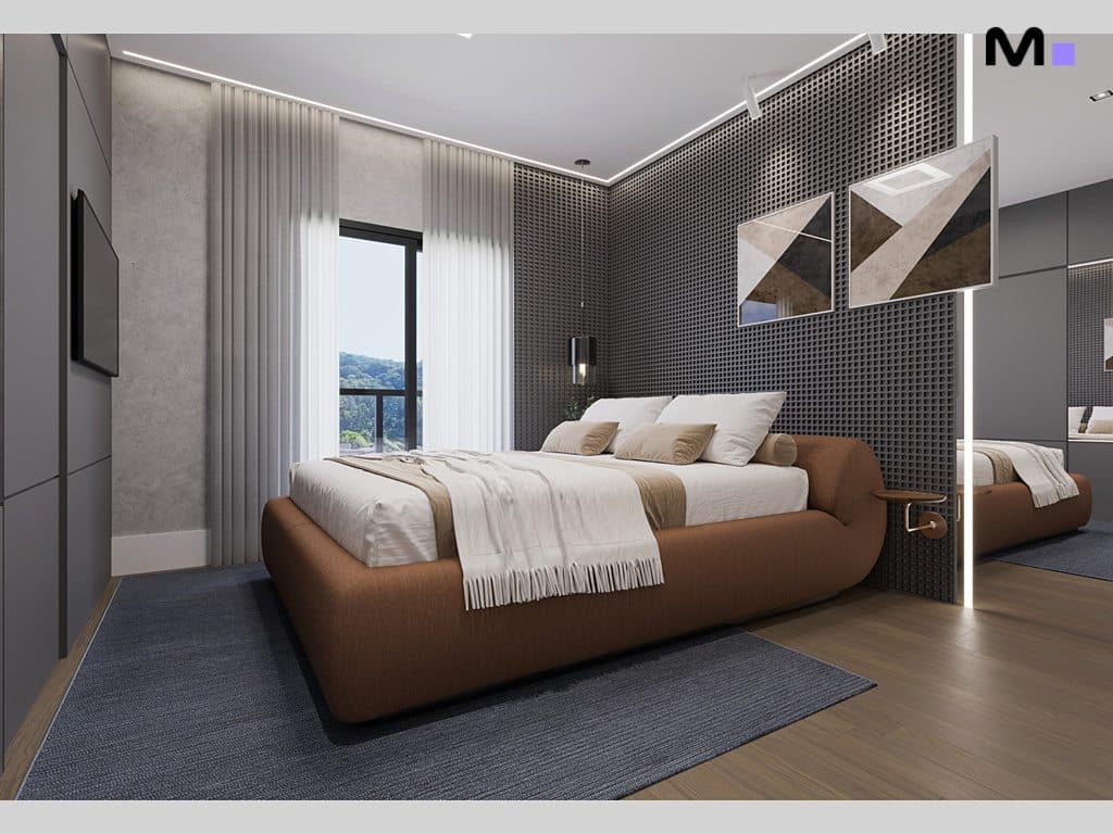 Quarto moderno com cama marrom e detalhes minimalistas. Residências Metropolitanas.
