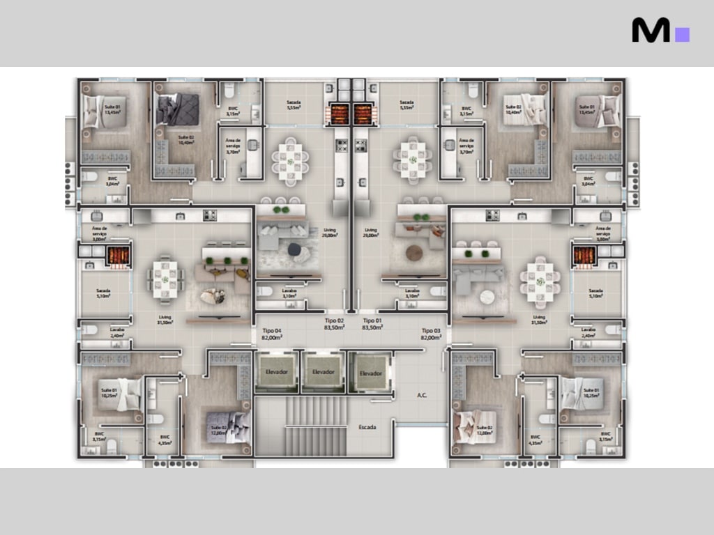 Planta baixa de apartamentos com layouts diversos, incluindo áreas de estar, suítes e varandas.