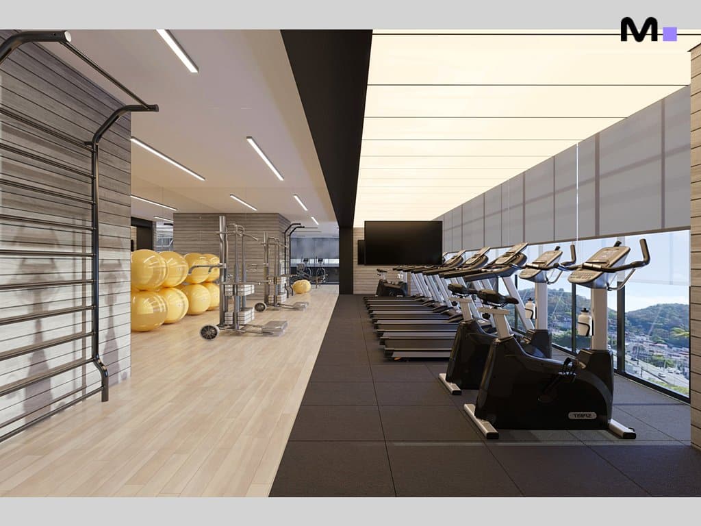 Academia moderna com esteiras, bicicletas ergométricas e equipamentos de ginástica. Residências Metropolitan Modern.