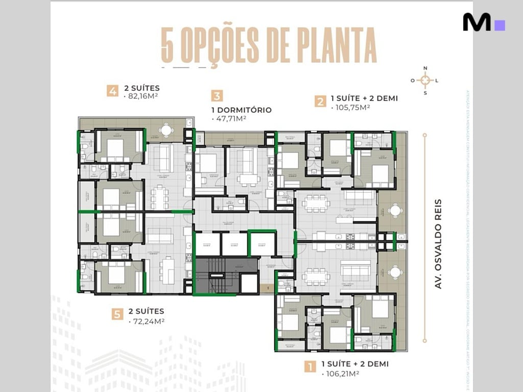 Plantas baixas das residências Metropolitan: 2 suítes (82,16m² e 72,24m²), 1 dormitório (47,71m²) e 1 suíte + 2 demi (105,75m² e 106,21m²).