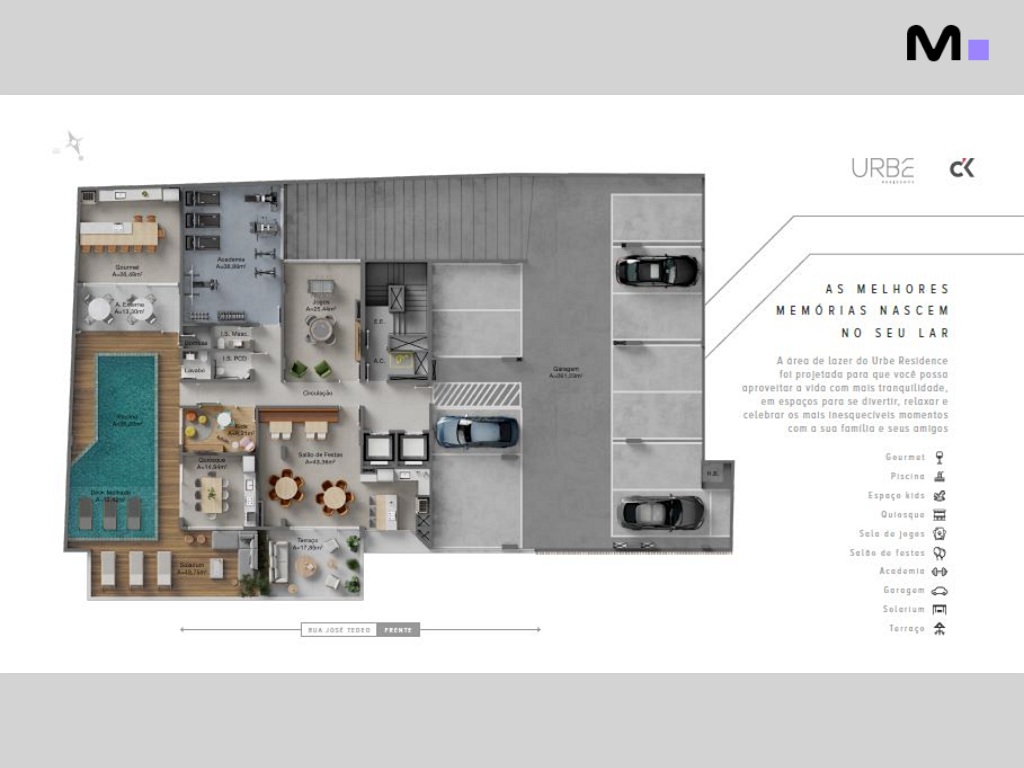 Planta baixa do Urbe Residence, destacando áreas de lazer como piscina, salão de festas e academia.