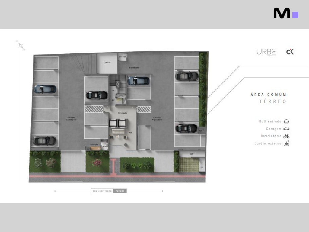 Planta baixa do Urbe Residence térreo, com garagens, bicicletário e jardim externo.