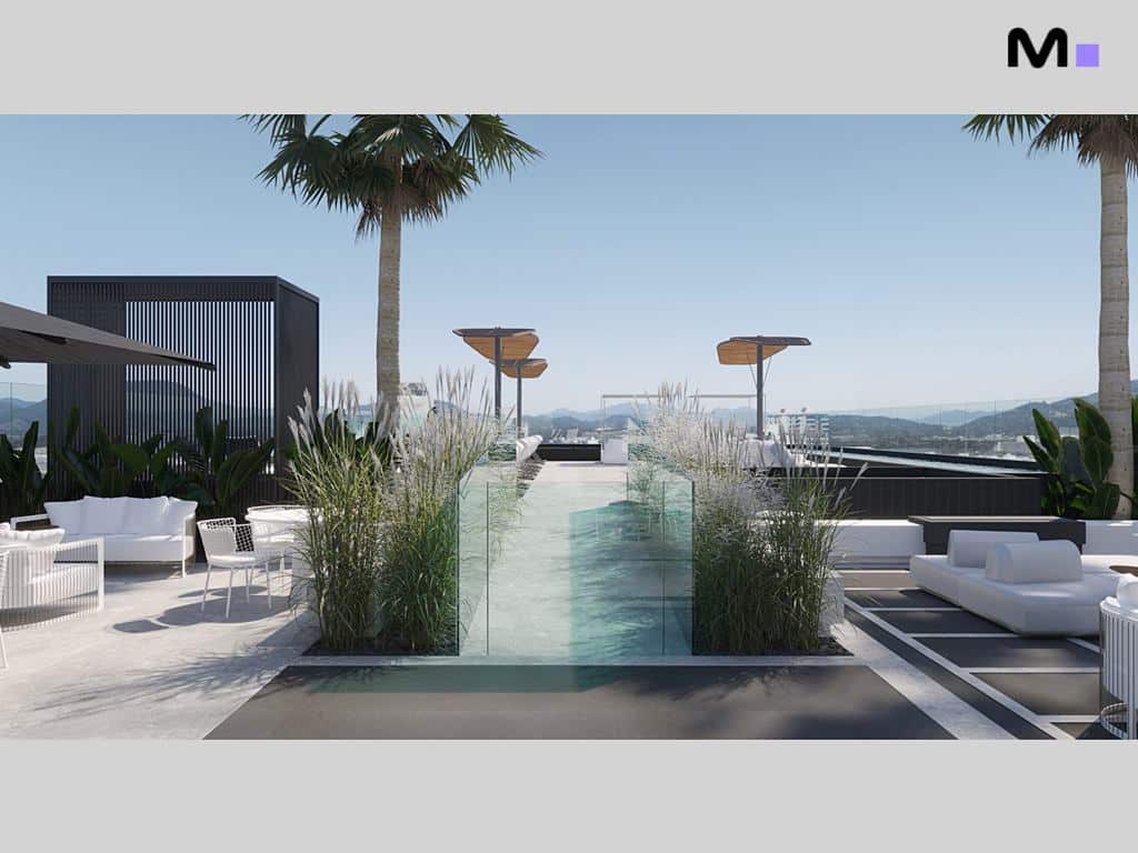 Residências modernas Metropolitan com piscina na cobertura e vista panorâmica.