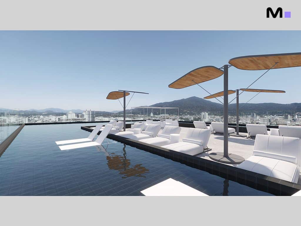 Piscina rooftop em Metropolitan Modern Residences com vista da cidade.