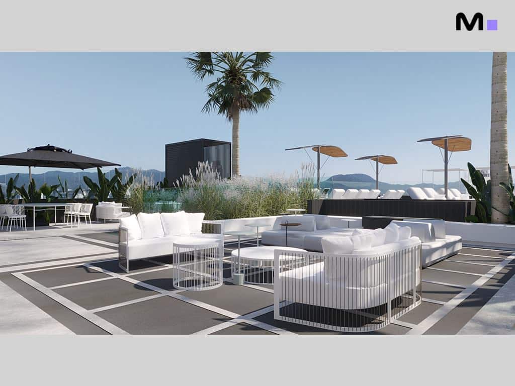 Residências modernas com área de lazer ao ar livre. Mobiliário branco e paisagismo exuberante.