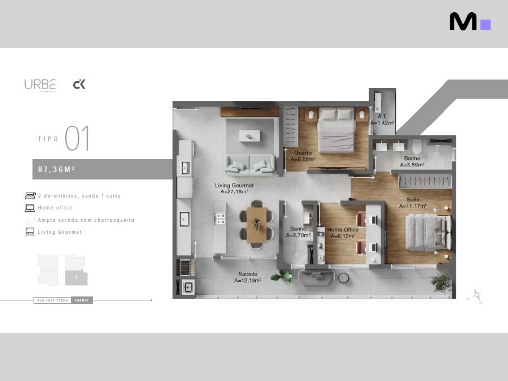 Planta baixa do apartamento Urbe Residence com 2 dormitórios, incluindo medidas e layout.