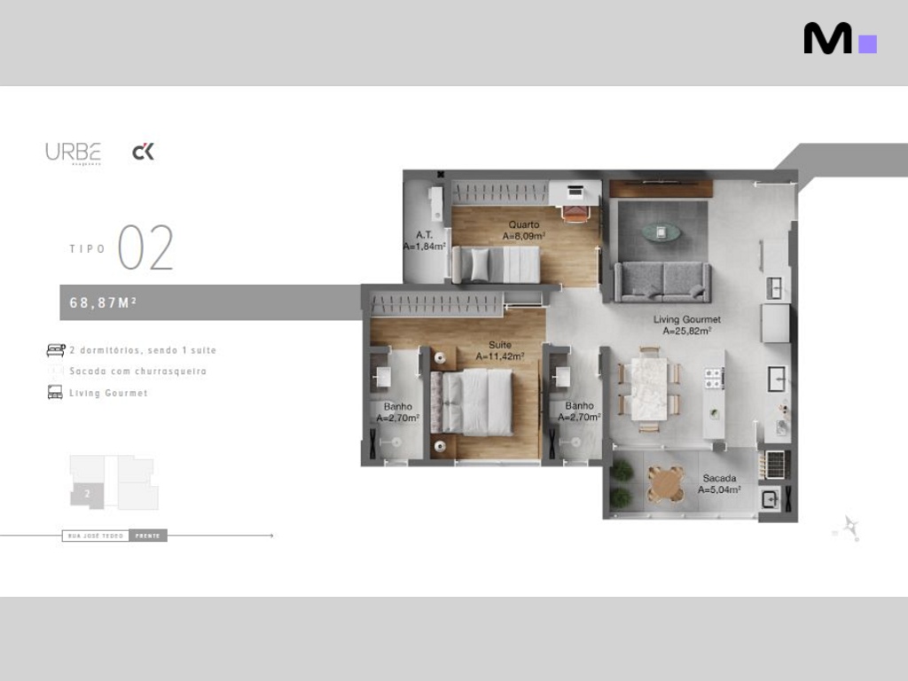 Planta baixa do apartamento tipo 02 do Urbe Residence, com 2 dormitórios e sacada com churrasqueira.