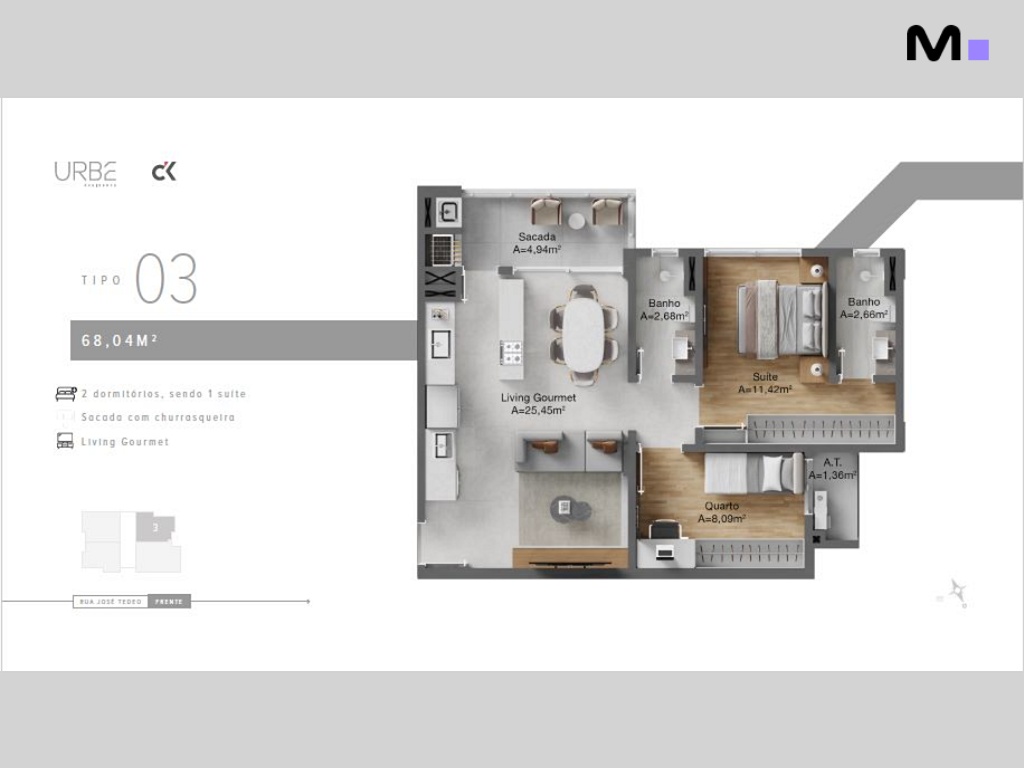 Planta baixa do apartamento tipo 03 no Urbe Residence, com 2 dormitórios e living gourmet.