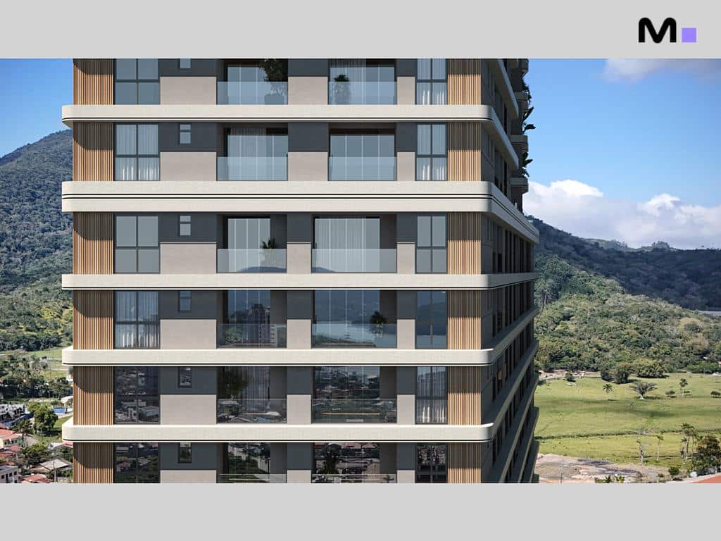 Torre Del Mare Residence: Vista externa do edifício moderno com varandas e paisagem verde ao fundo.