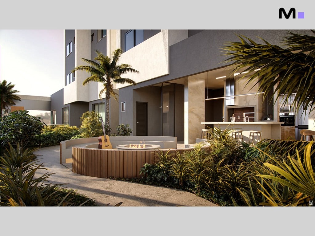 Residência Nilo: área externa com jardim, fogueira e cozinha gourmet.