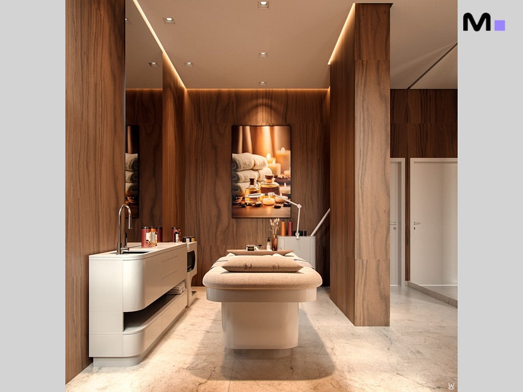 Interior elegante do Nilo Residence com maca de massagem e detalhes em madeira.
