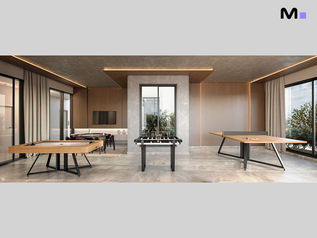 Sala de jogos moderna na Residência Nilo com mesa de bilhar, pebolim e tênis de mesa.